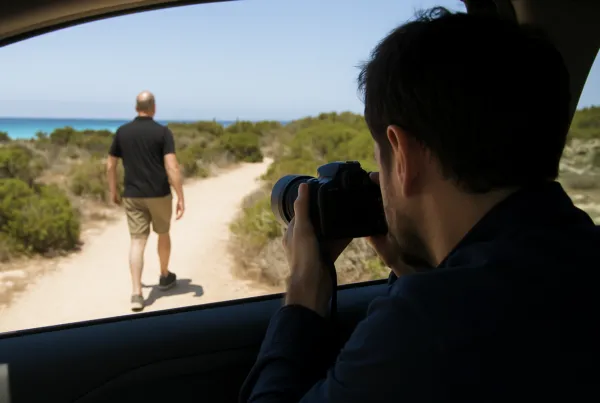 Detective privado en Formentera investigando una baja laboral fraudulenta, recopilando pruebas discretamente.