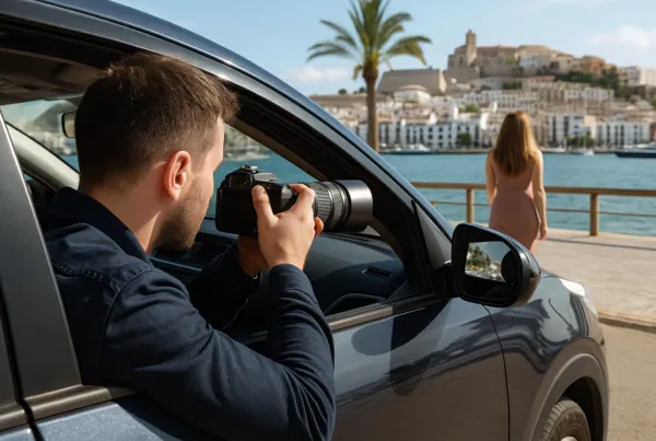 Detective en Ibiza investigando una baja laboral fraudulenta, recopilando pruebas discretamente.