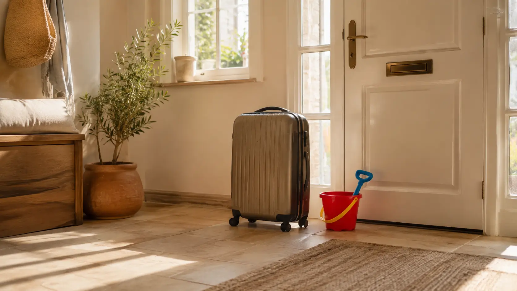 Maleta de viaje y cubo de playa de un niño, simbolizando vacaciones de verano en casos de incumplimiento de régimen de visitas.