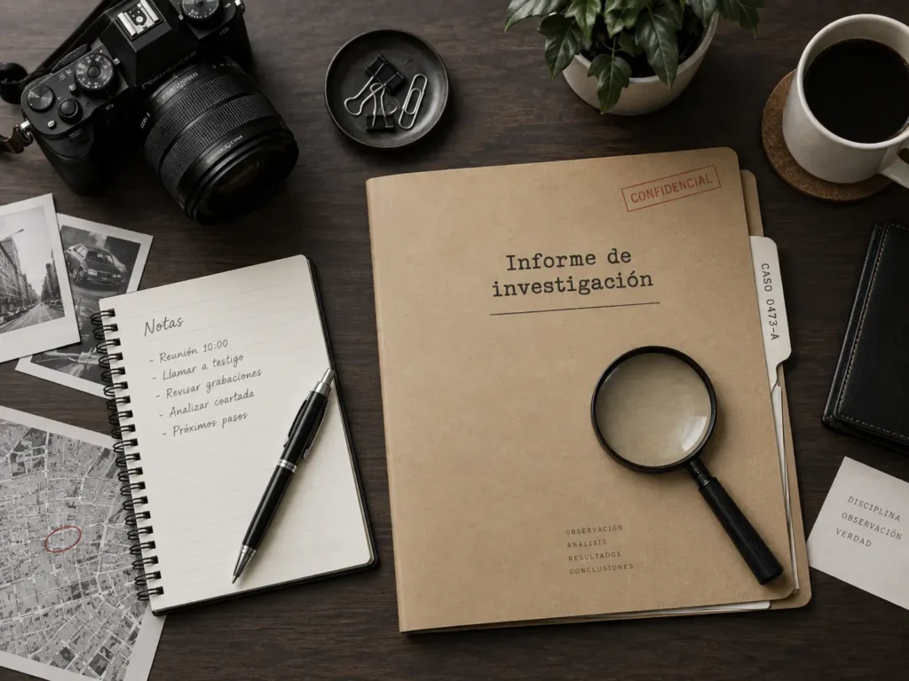 Métodos y herramientas de un detective privado para elaborar informes detallados. Incluye técnicas de investigación y análisis forense digital.